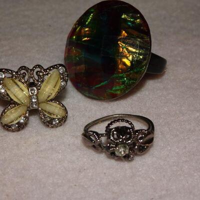 3 Rings, Adjustable, Butterfly, Aurora Borealis, Silver Tone Rings