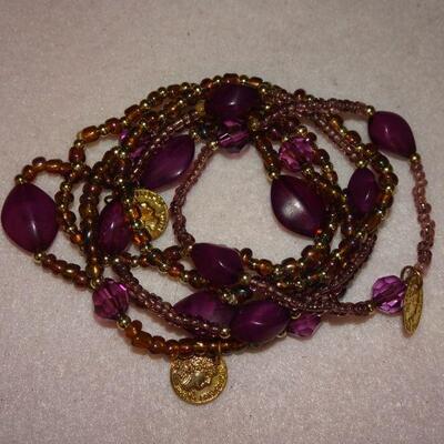 Beaded Wrap Bracelet, Purple, Gold tone Coin Accents 