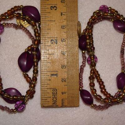 Beaded Wrap Bracelet, Purple, Gold tone Coin Accents 