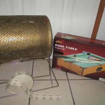 RAFFLE TICKET CAGE & TABLE TOP POOL TABLE (NIB)