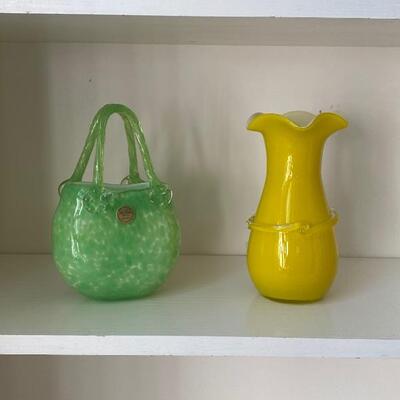 Hand Blown Glass Collectables / Green Purse & Yellow Vase 
