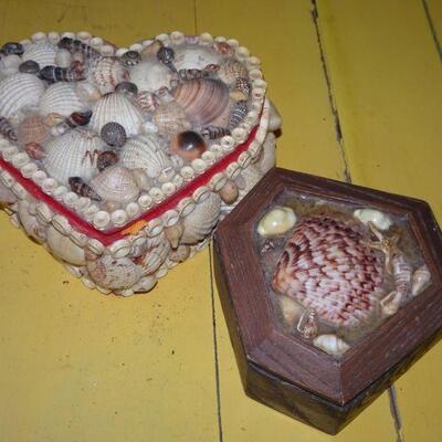 Vintage Seashell Trinket Boxes, Heart Shaped, Wood Seashell Box 
