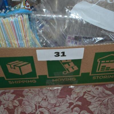 LOT 31 BOX OF DISPOSABLE CUPS, STRAWS, ETC