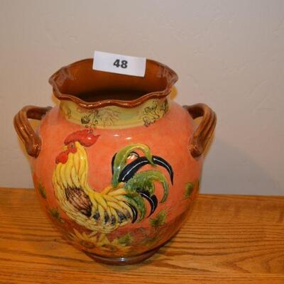 LOT 48. POTTERY WITH HAND PAINTED ROOSTER