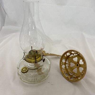 .185. Antique Oil Lamp with Painted Cast Iron Wall Sconce