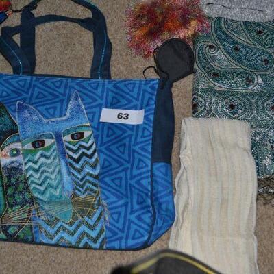 LOT 63. LAUREL BIRCH TOTE BAG  PLUS MISC AND SCARVES AND GLOVES