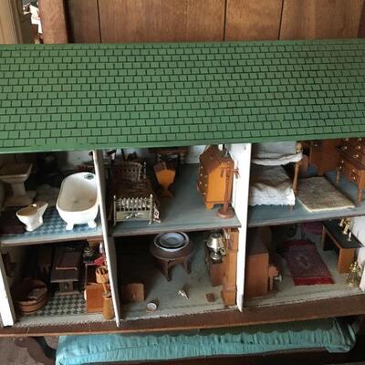 Vintage Doll House Fully Furnished with Doll Furniture and Accessories 27 x 13 x 21â€h