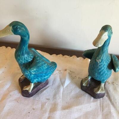 Pair of Chinese Antique Porcelain Turquoise Blue Figural Ducks 6.25â€ 