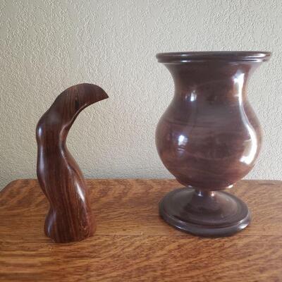 Lot 8: Vintage Turned Wood Vase & Tucan Sculpture n