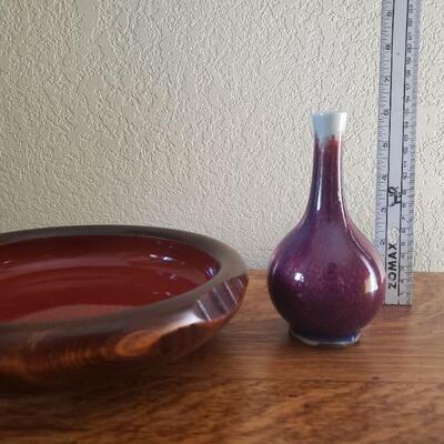 Lot 15: Chinese Lacquered Bowl and Ceramic Vase (Both Signed)