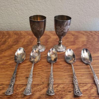 Lot 92: (5) Silverplate Spoons and (2) Sherry Goblets