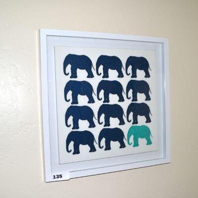 LOT 135. FRAMED ELEPHANT PRINT MATERIAL WALL ART