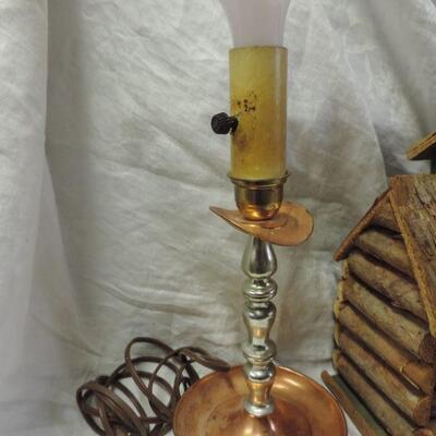 CABIN BIRDHOUSE AND COPPER TABLE LAMP