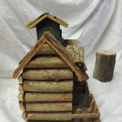 CABIN BIRDHOUSE AND COPPER TABLE LAMP