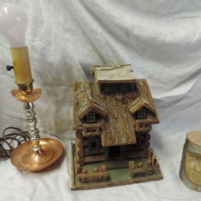 CABIN BIRDHOUSE AND COPPER TABLE LAMP
