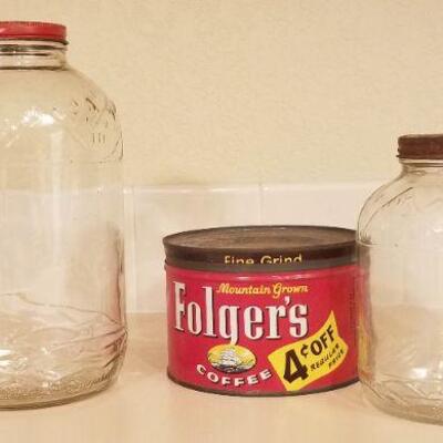 Lot #119: Vintage Duraglass FOLGERS COFFEE Mountain Theme Glass Containers w/ Red Tin 