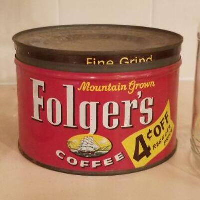 Lot #119: Vintage Duraglass FOLGERS COFFEE Mountain Theme Glass Containers w/ Red Tin 