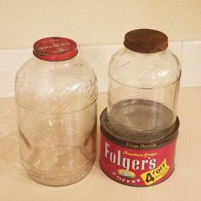 Lot #119: Vintage Duraglass FOLGERS COFFEE Mountain Theme Glass Containers w/ Red Tin 