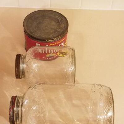 Lot #119: Vintage Duraglass FOLGERS COFFEE Mountain Theme Glass Containers w/ Red Tin 