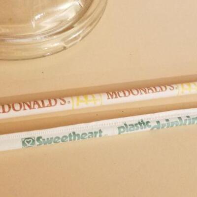 Lot #159: Vintage Large Glass Dish w/ vintage McDonalds Straws