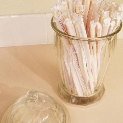 Lot #159: Vintage Large Glass Dish w/ vintage McDonalds Straws