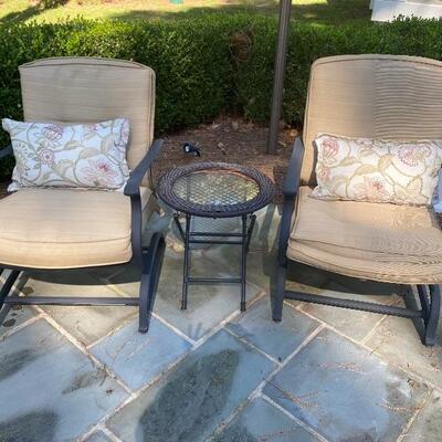 O - 432: Pair of Aluminum Outdoor Chairs with Cushions and Table 