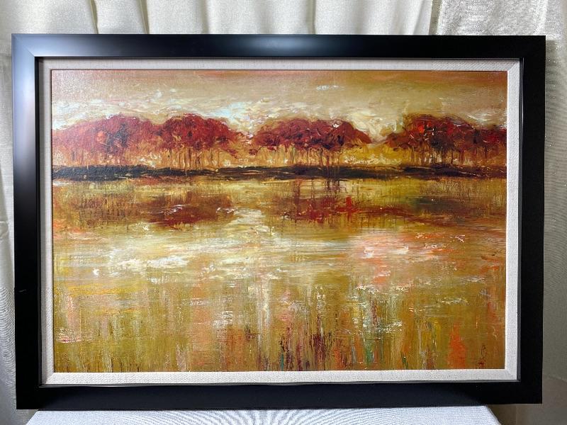 Lot 96 Large Framed Canvas Red Trees By The Pond