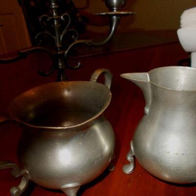 Solid Pewter Candelabra and Pewter Sugar and Creamer Set 