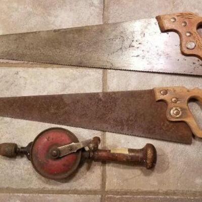Lot #171: Group of Vintage Hand Saws and Drill Press
