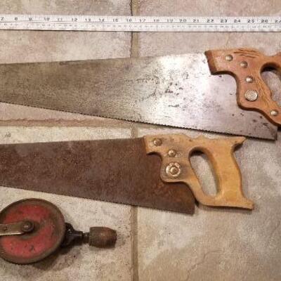 Lot #171: Group of Vintage Hand Saws and Drill Press