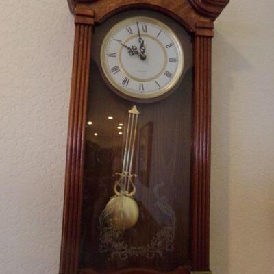 LOT 9  PENDULUM CHIME WALL CLOCK WITH ETCHED GLASS FRONT