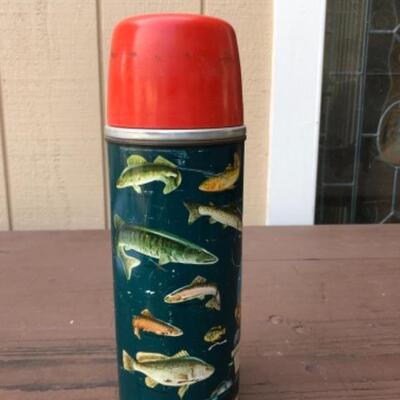 Lot 49: Vintage Aladdin Angler Thermos, Tin Litho, 1950â€™s 