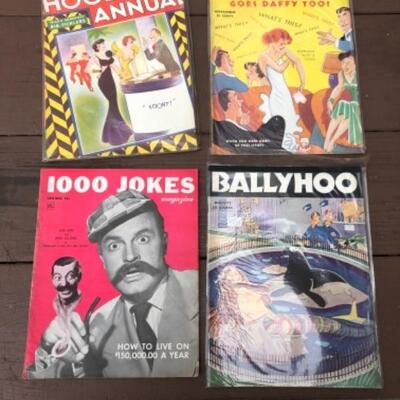Lot 493: 4 Vintage Magazines: 2 Ballyhoos 1936, 1000 Jokes 1948,  Hooey Annual 1936