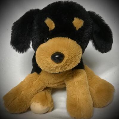 Very Soft & Cuddly Stuffed Animal. Black and Tan Stuffed Toy Dog.
