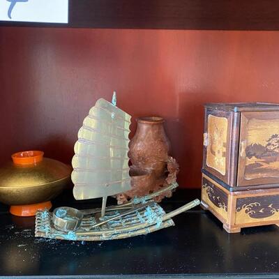 C - 578 Handmade Chinese Box, Brass Boat, 