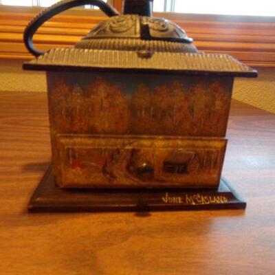 LOT 33  ANTIQUE COFFEE GRINDER HAND PAINTED & SIGNED 