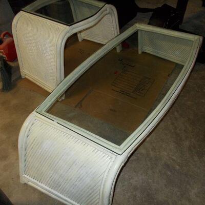Rattan and Glass Coffee Table and Matching Side Table