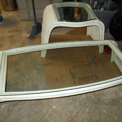 Rattan and Glass Coffee Table and Matching Side Table
