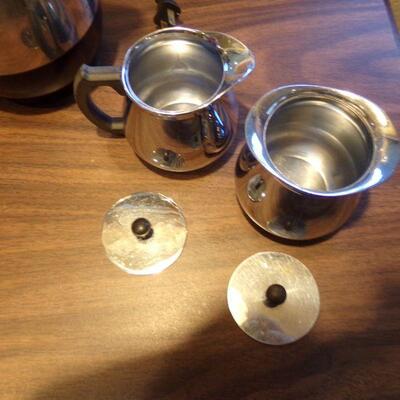LOT 42  PERCOLATOR, SUGAR & CREAMER & CANISTER WITH SPOON HOLDER