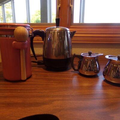LOT 42  PERCOLATOR, SUGAR & CREAMER & CANISTER WITH SPOON HOLDER