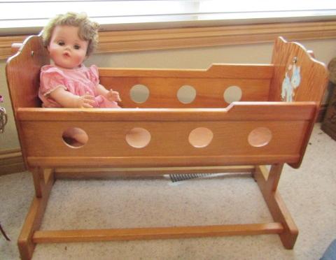 vintage wooden doll cradle