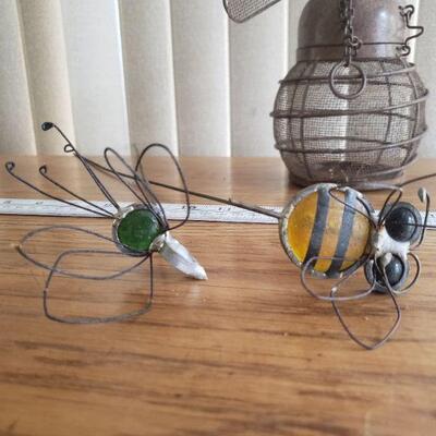 Lot 291: Hanging Bee Candleholder and 2 Glass Plant Stakes 