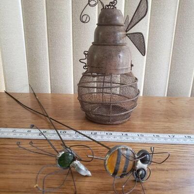 Lot 291: Hanging Bee Candleholder and 2 Glass Plant Stakes 