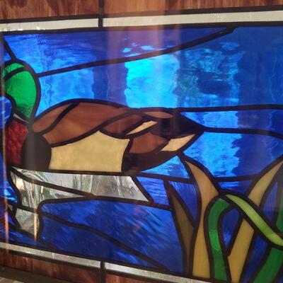 LOT 294: Mallard Stained Glass Hanging Panel (25" Ã— 17.25" - Panel Measurements Only)