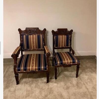 Pair of Antique Hand Carved Wood Chairs - Excellent Condition 