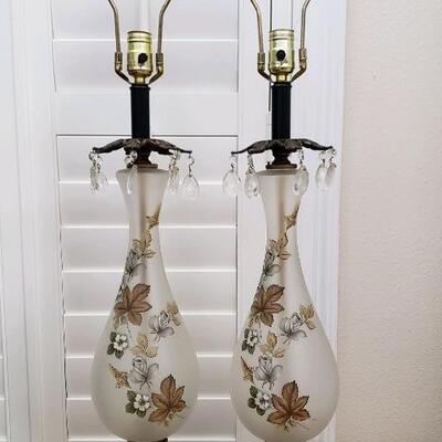 Relisted - Pair of Gorgeous Hand Painted Frosted Glass Vintage Lamps w/Crystals