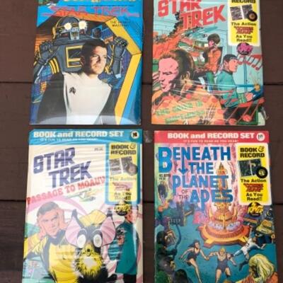 Lot 498: 6 Book and Record Sets: 3 Star Trek 1975,1979; Planet of the Apes, 1974; Peter Pan Records: GI Joe Spy Island, 1973; Brave...