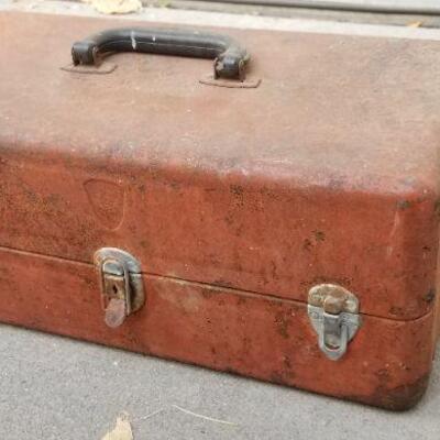 Lot #303: Vintage Large Fishing Reel and Tackle Box w/ Assortment