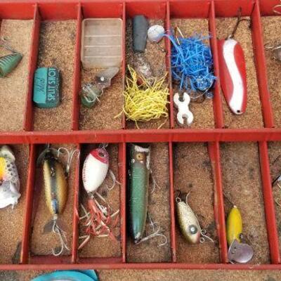 Lot #303: Vintage Large Fishing Reel and Tackle Box w/ Assortment