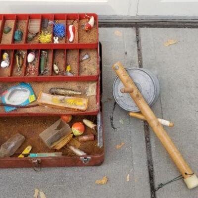 Lot #303: Vintage Large Fishing Reel and Tackle Box w/ Assortment
